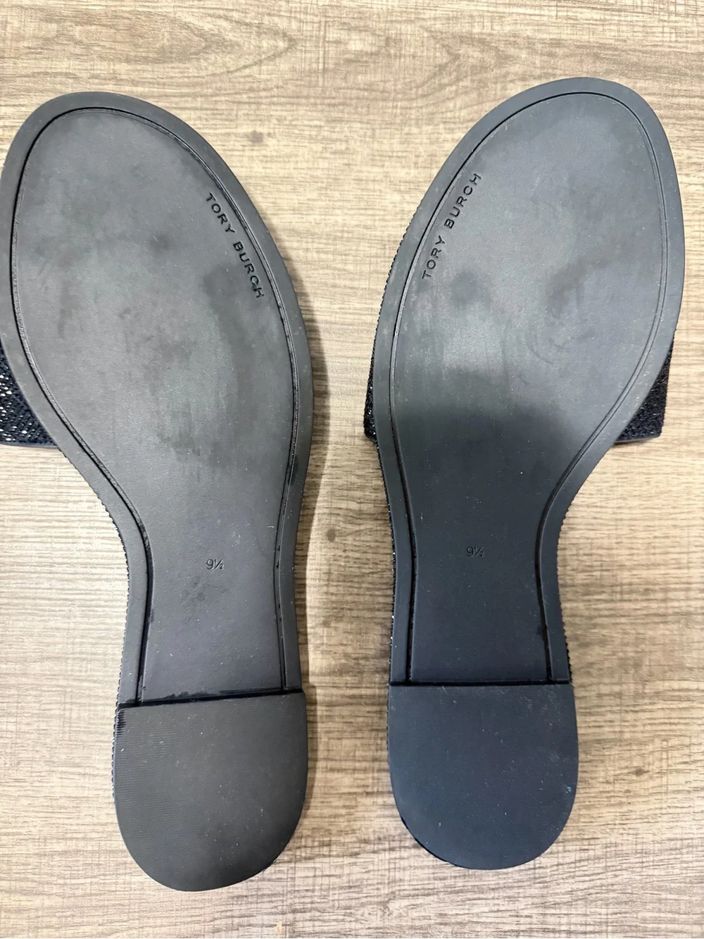 Tory Burch Navy Glitter Logo Slide Sandals